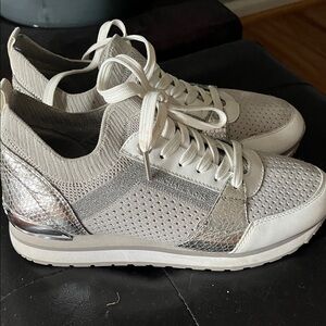 Michael Kors White and Silver Knit Lace-Up Sneakers